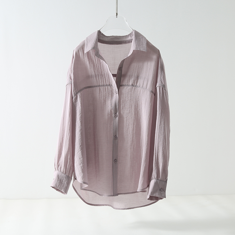 Spring and Summer Thin Tencel Shirt for Women, Purple, Simple Design, Sun Protection Shirt, Long Sleeves, Loose Fit, Polo Collar, Breathable Style