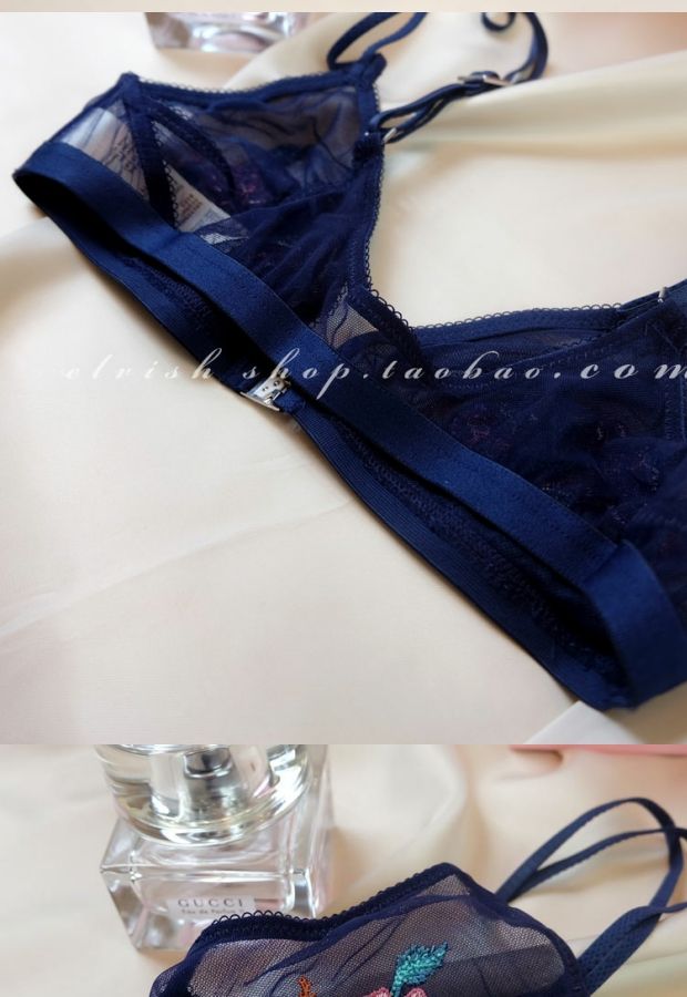 Màu xanh tuyệt đẹp * Thêu Không có dấu vết khóa trước không có vòng thép không va chạm siêu mỏng Bralette bra đồ lót bikini áo nâng ngưc