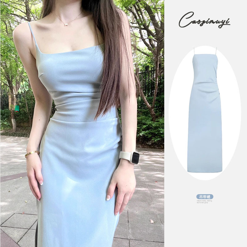 2026 New Style Mature and Elegant Blue Spaghetti Strap Dress for Women, Summer French Sexy Slim Fit Bodycon Dress