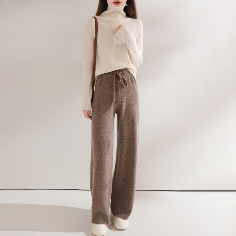 2025 Autumn and Winter New Style 100% Pure Wool Commuter Style High-Waisted Lace-Up Knitted Wide-Leg Pants for Women Loose Straight-Leg Pants