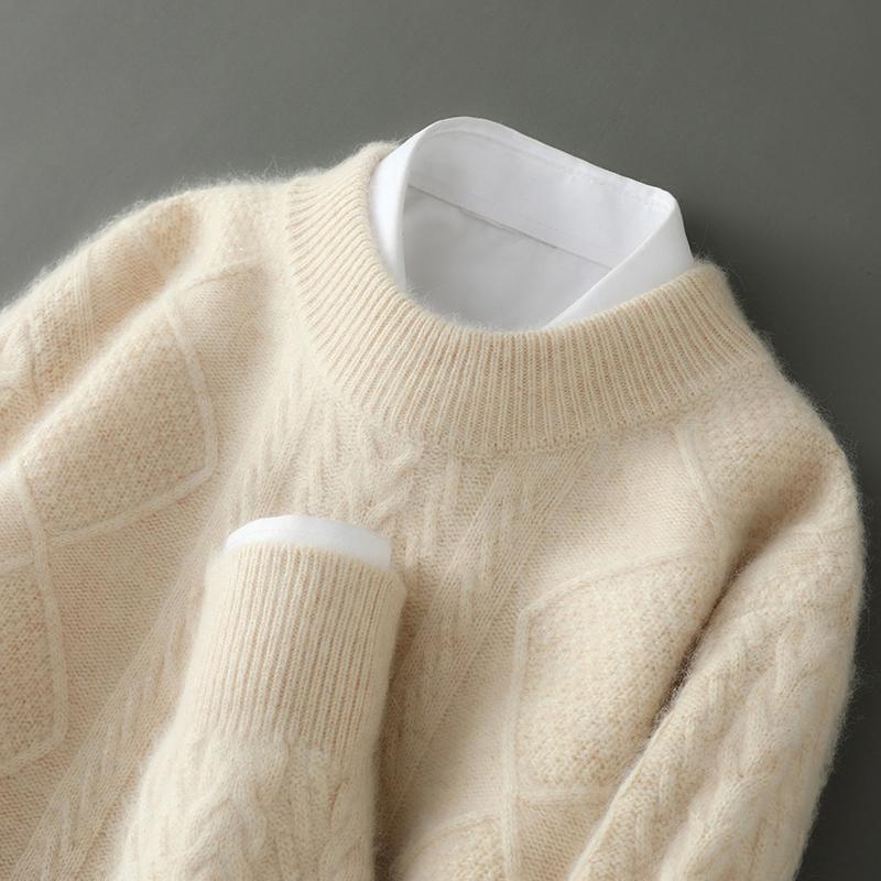 2024 Autumn/Winter New Round Neck Pure Mink Wool Sweater for Men, Loose Fit, Slimming Twist Pattern Knitted Base Sweater