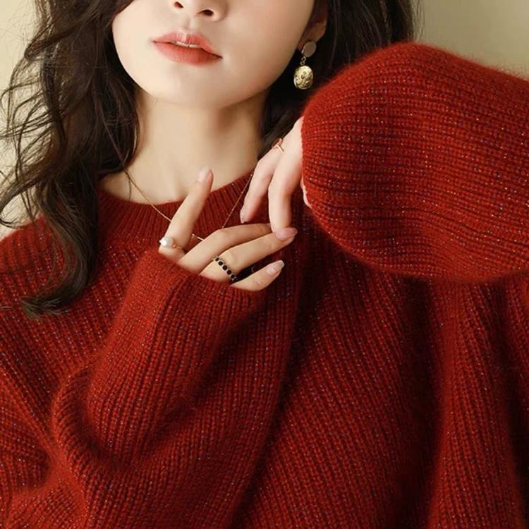 Red Shiny 100% Merino Wool Sweater for Women, 2026 Autumn and Winter European High-End Thickened Lazy Base Sweater Red Shiny 100% Merino Wool Sweater for Women, 2026 Autumn and Winter European High-End Thickened Lazy Base Sweater