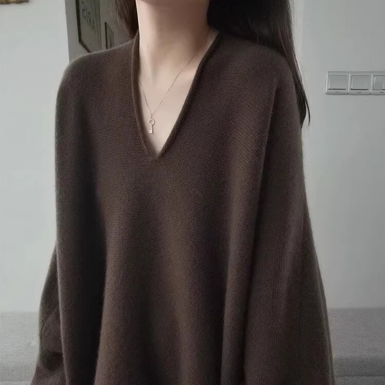 Merino 100% Pure Wool Sweater for Women, Retro Lazy Style, V-Neck, Mid-Length, Soft and Cozy Pullover Knit Base Layer