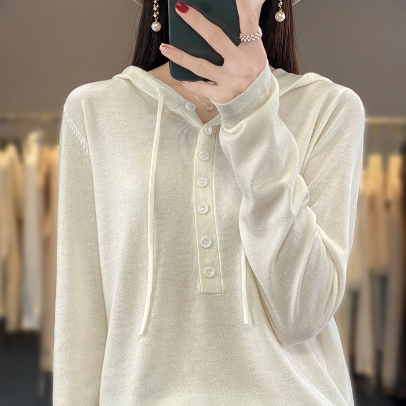 2025 Spring and Autumn New Women's Fine Wool Hooded Knitted Sweater Half-Open Collar Pullover Solid Color Knitted Base Shirt