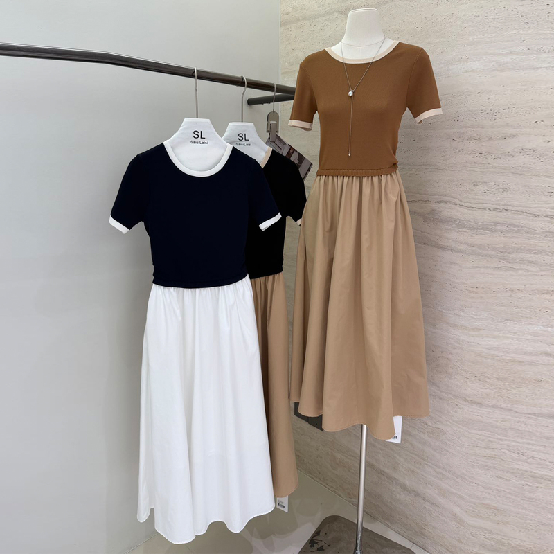High-End French Retro Color-Blocking Dress Women's Fashion 2026 Summer Fashion T-Shirt Short-Sleeve Mid-Length One-Piece Dress