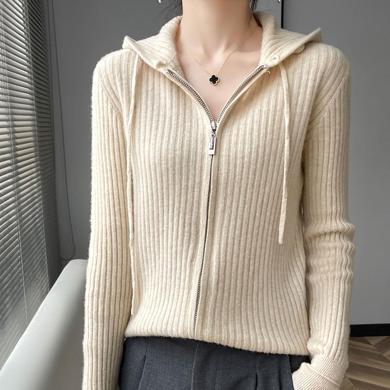 24 Autumn and Winter New Style Cashmere Drawstring Hoodie Women's Striped Jacquard Zipper 100 Pure Wool Sweater Jacket Casual Sweater