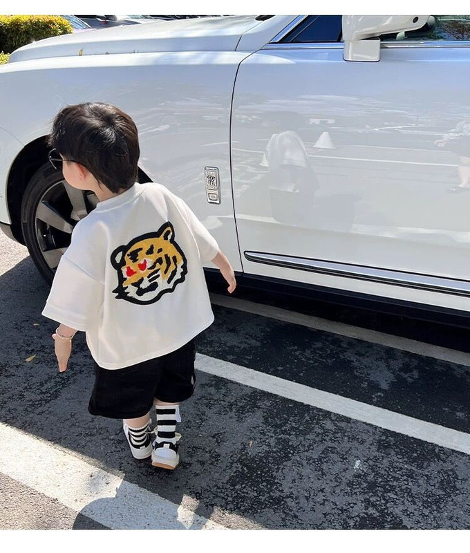 Children's Short-Sleeved T-Shirt for Spring and Summer, Boys and Girls, Pure Cotton, Trendy Casual Top with Tiger Head Embroidery, Trendy Parent-Child Outfit, Korean Style