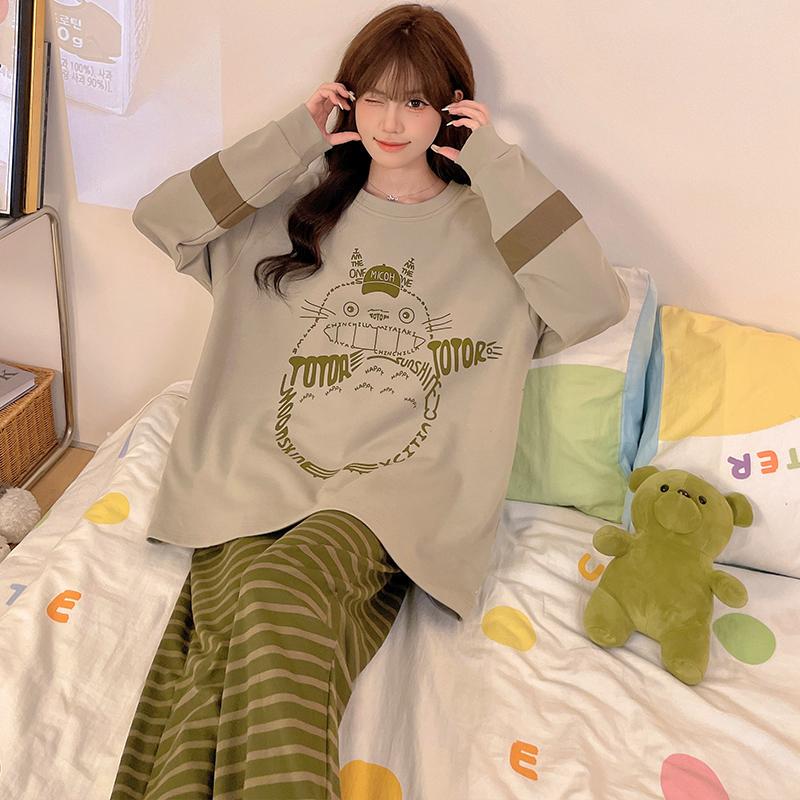 Women's Long-Sleeved Pure Cotton Pajamas, Thin Style for Spring and Autumn, Plus Size for Plus-Size Women, Can Be Worn Outside, Autumn Style, Student Loungewear Women's Long-Sleeved Pure Cotton Pajamas, Thin Style for Spring and Autumn, Plus Size for Plus-Size Women, Can Be Worn Outside, Autumn Style, Student Loungewear