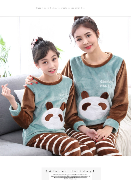 Đồ ngủ cha mẹ và con gái mùa đông san hô lông cừu trẻ em gia đình của ba cặp vợ chồng flannel dịch vụ nhà nam phù hợp dày