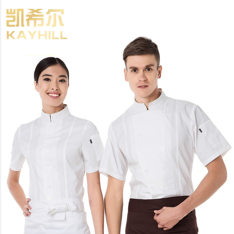 Chef quần áo làm việc bồi bàn ngắn tay mùa hè của nam giới và nhà hàng khách sạn bếp quần áo đầu bếp của phụ nữ mỏng trắng thở