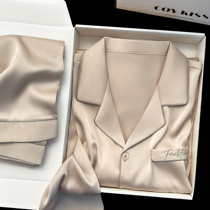 Coy Kiss Men's Silk Pajamas New Solid Color High-End Designer Style Can Be Worn Outside Long-Sleeved Loungewear Set Coy Kiss Men's Silk Pajamas New Solid Color High-End Designer Style Can Be Worn Outside Long-Sleeved Loungewear Set