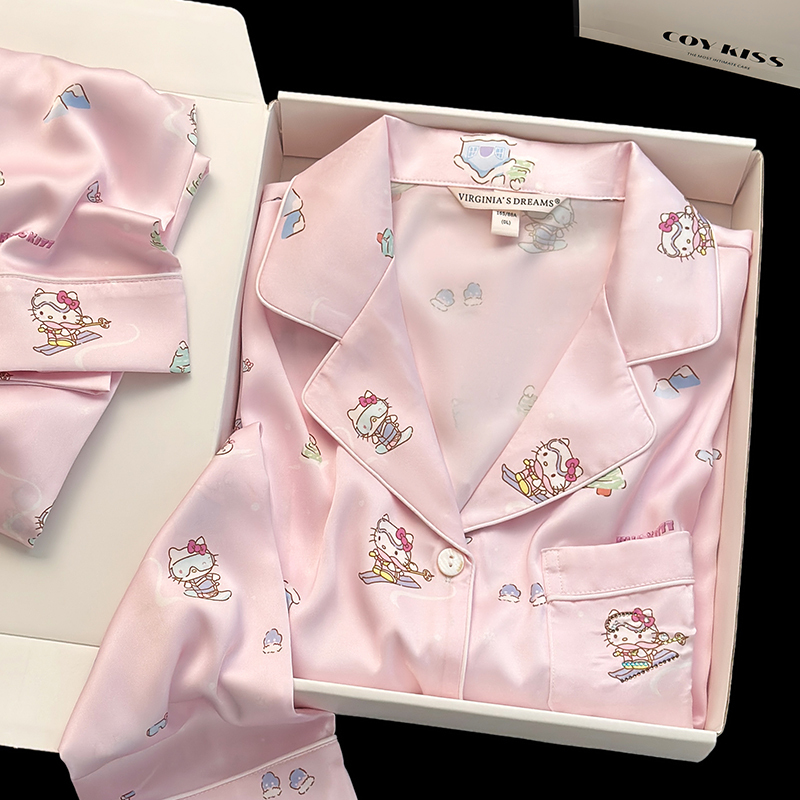 Coy Kiss Gives His Girlfriend a Hello Kitty Silk Pajamas for Women, 2026 New Summer Cute Home Clothes