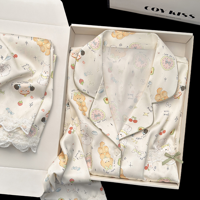 Coy Kiss New Autumn Silk Pajamas for Women, Sweet and Cute Cartoon Bear Print Loungewear Gift Box Set