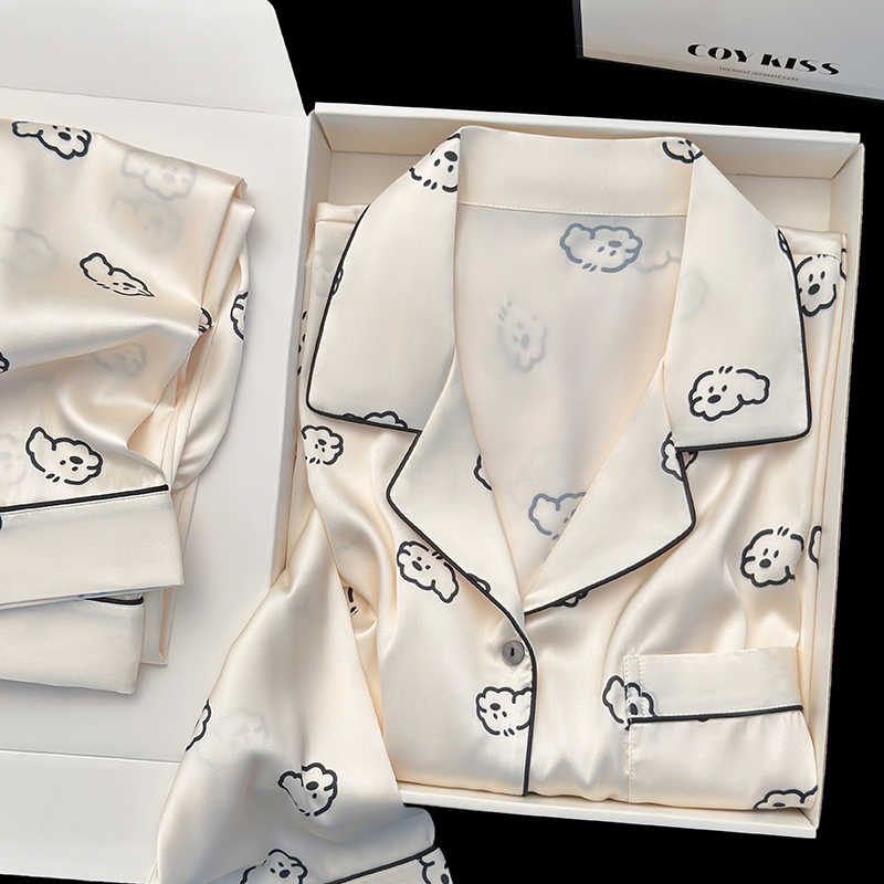 Coy Kiss Silk Puppy Pajamas for Women, New Summer Style, Long-Sleeved Pants, Cartoon ins Cute Silk Loungewear Coy Kiss Silk Puppy Pajamas for Women, New Summer Style, Long-Sleeved Pants, Cartoon ins Cute Silk Loungewear