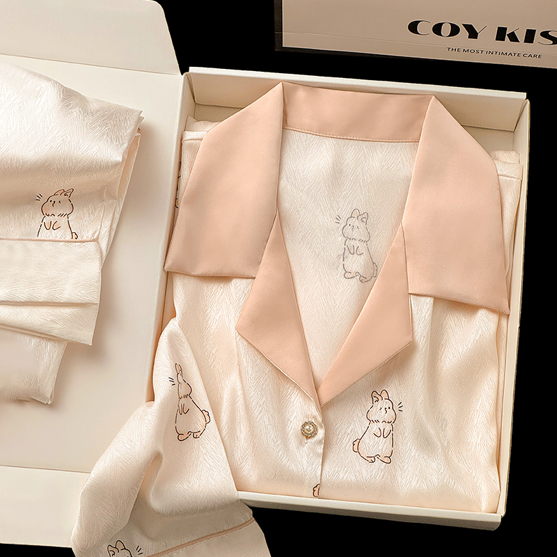 Coy Kiss Silk Rabbit Pajamas for Women, Summer Short-Sleeved Three-Piece Set, Pure and Seductive Style, Gift Box Set, Loungewear for Best Friends Coy Kiss Silk Rabbit Pajamas for Women, Summer Short-Sleeved Three-Piece Set, Pure and Seductive Style, Gift Box Set, Loungewear for Best Friends