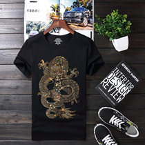 2021 new hot diamond dragon picture short-sleeved mens personality social spirit guy t-shirt Korean version of slim large size half sleeves