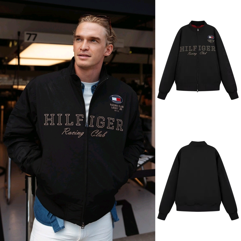 So Cool! Authentic Tommy Hilfiger Embroidered Stand-Up Collar Double-Zip F1 Racing Thick Jacket Cotton Coat