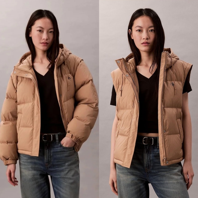 One Outfit, Two Wears! Authentic Calvin Klein/Ck Jeans Detachable Sleeve Loose Hooded Women's down Jacket