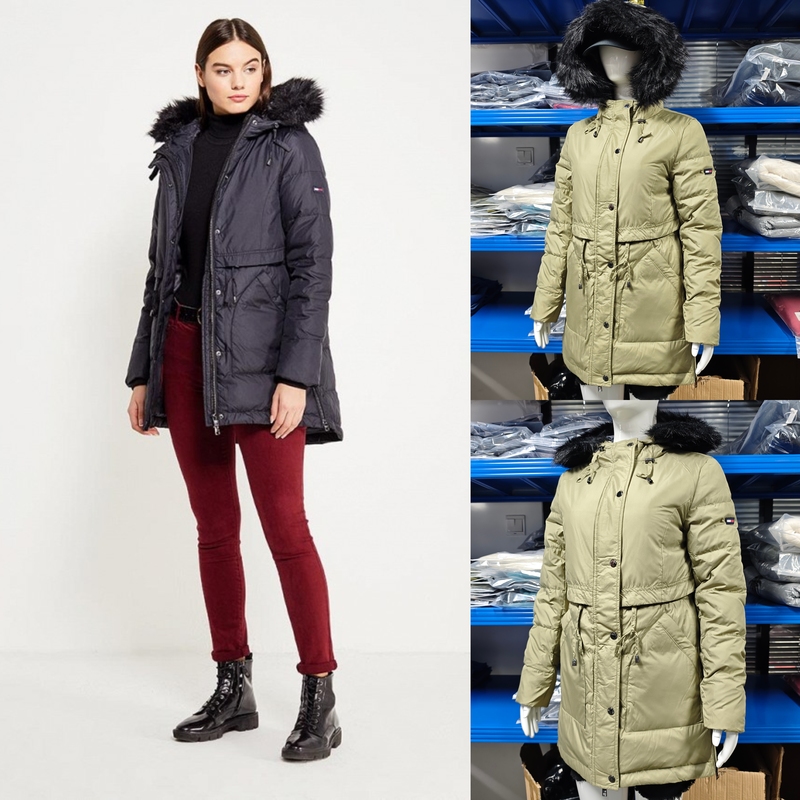 Sale! Authentic Tommy Hilfiger Women's American Version Mid-Length down Jacket with Detachable Fur Collar and Waist Cinching