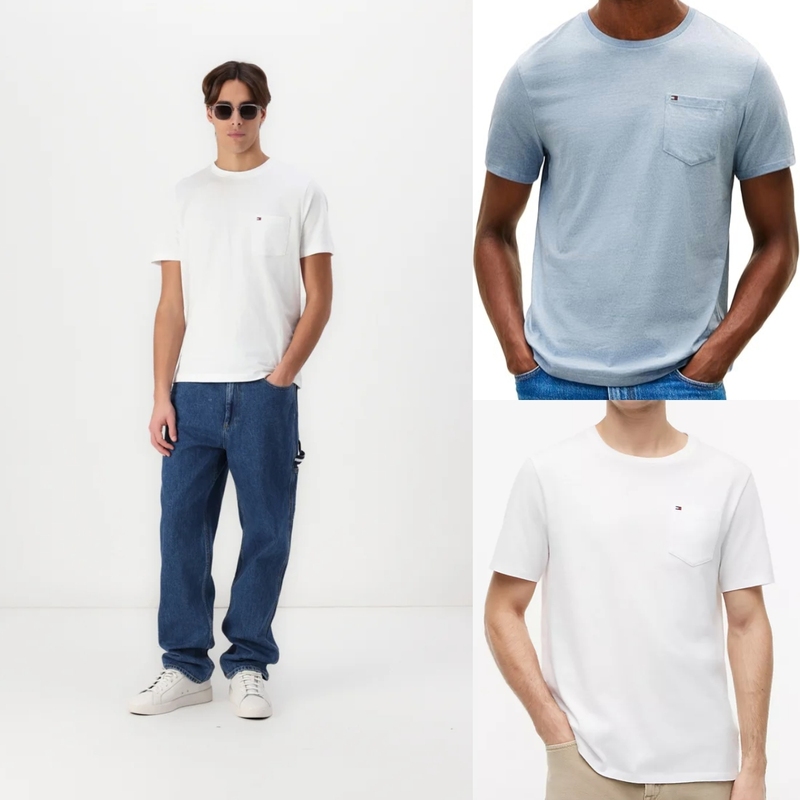 Authentic American Version Tommy Hilfiger Tommy 26 Summer Men's Pure Cotton Simple Patch Pocket Regular Shoulder Short-Sleeve Base T-Shirt