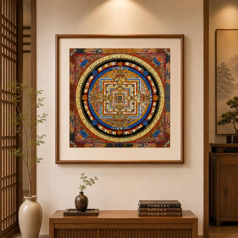 Tibetan-Style Mandala Thangka Decorative Hanging Painting for Entrance, Living Room, New Chinese-Style Zen Tea Room, Study Room, with Solid Wood Frame