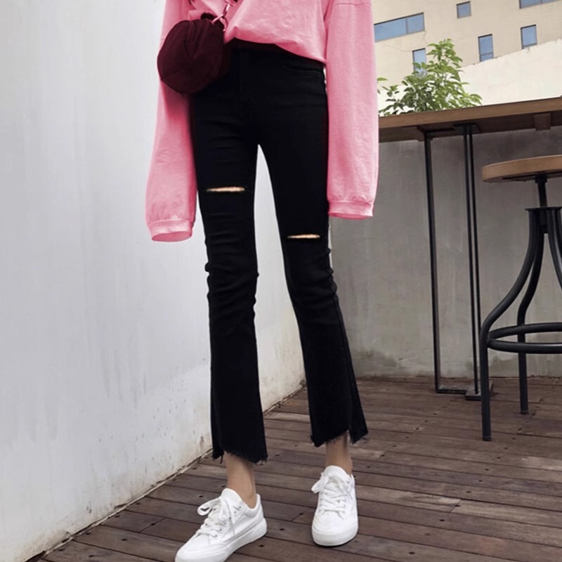 Black Ripped Flared Pants for Women, Summer Thin Stretch Denim, High-Waisted, Slimming, Petite, Slit, Cropped Pants