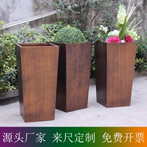 Square Cone Barrel Stainless Steel Flower Bowl Baking Lacquered Antique Bronze Custom Outdoor Flower Barrel Hotel Lobby Square Flower Box