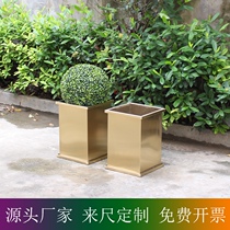Art Display Stainless Steel Plated Flower Barrel Wire Drawing Gold Plant Potted board room accessories Customized square