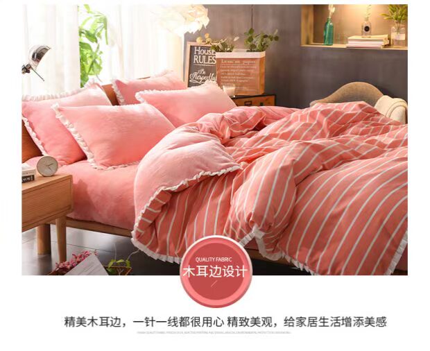 Flannel bốn mảnh giường cotton dày chăn tấm bông nhung san hô nhung mùa thu và mùa đông ấm gói chăn ga tencel