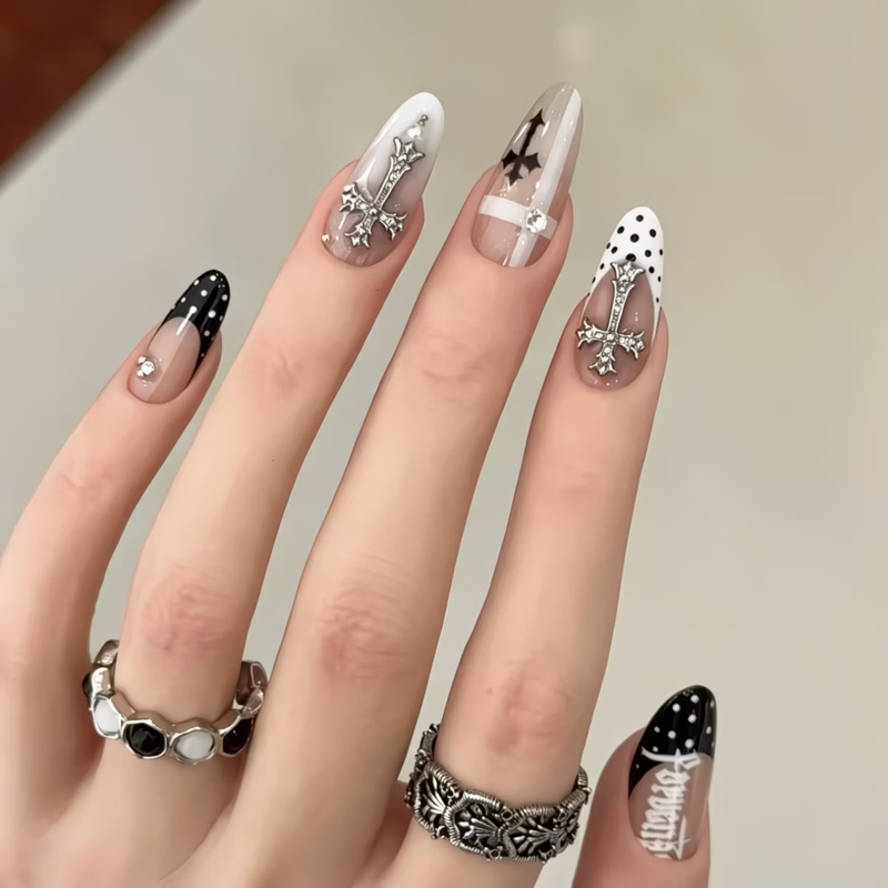 Dark Sweet Cool Black and White Gradient French Style Handsome Nail Art with Gothic Polka Dots and English Rhinestones for a Stylish Manicure