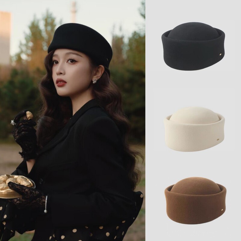 Japanese Ca4La 100% Wool Pillbox Hat for Women, Retro Pillbox Hat, Light Luxury, High-End Feel, Brimless Hat