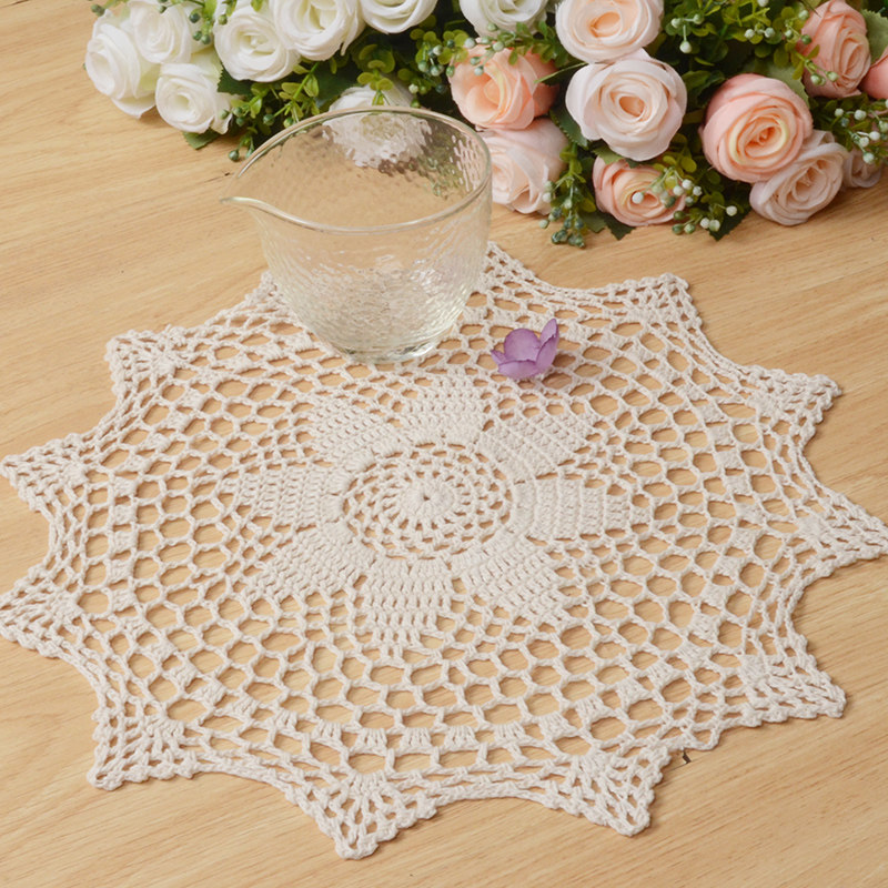 Hand Crochet Hook Flower Cotton Lace Hollow Crochet Table Cushion Dining Mat Cover Towel Beige