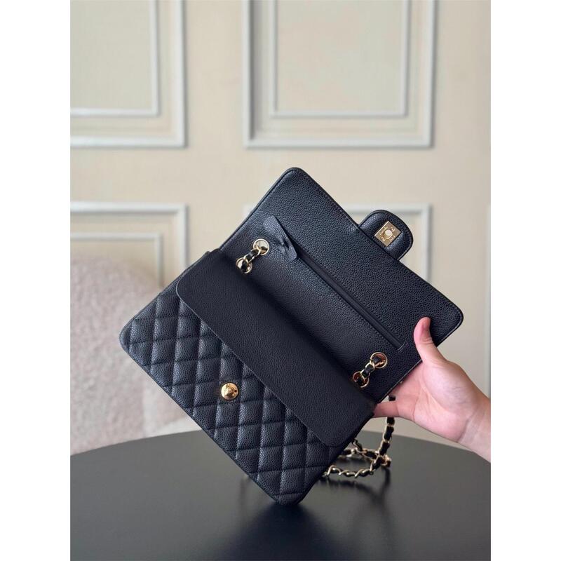 Chanel-Style Original Caviar Leather Classic Quilted Shoulder Crossbody Women's Classic Cf23 Medium-Sized Black and Gold Chain Bag Chanel-Style Original Caviar Leather Classic Quilted Shoulder Crossbody Women's Classic Cf23 Medium-Sized Black and Gold Chain Bag