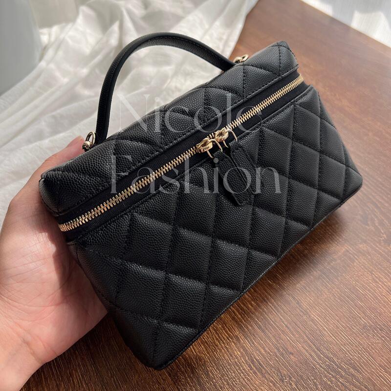 Nicole 25C Lunch Bag Haas Leather Caviar Checkered Box Bag Hand-Held Shoulder Crossbody Cosmetic Bag