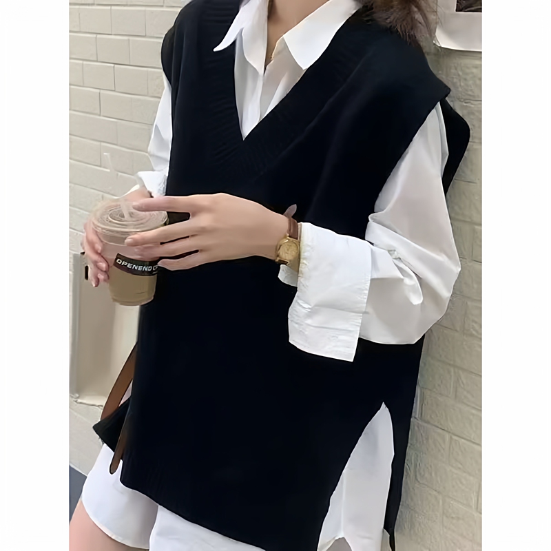 Retro Design Black Slit V-Neck Knitted Vest for Women in Spring & Fall Loose Outer Wear Sleeveless Sweater Vest
