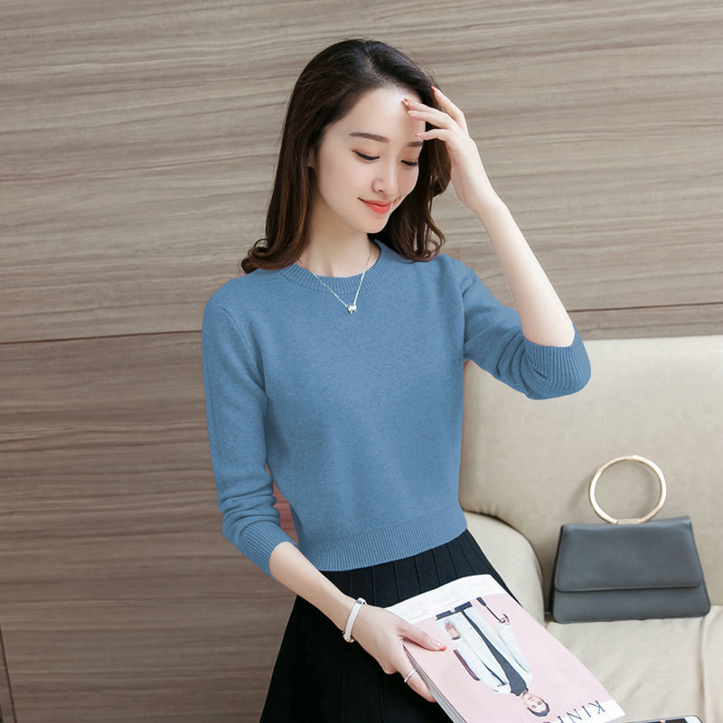 Spring and Autumn Haze Blue Sweater for Women, Short Style, Gentle and Retro, Suitable for Pairing with Skirts or as an Inner Layer under Winter Coats, Knitted Top