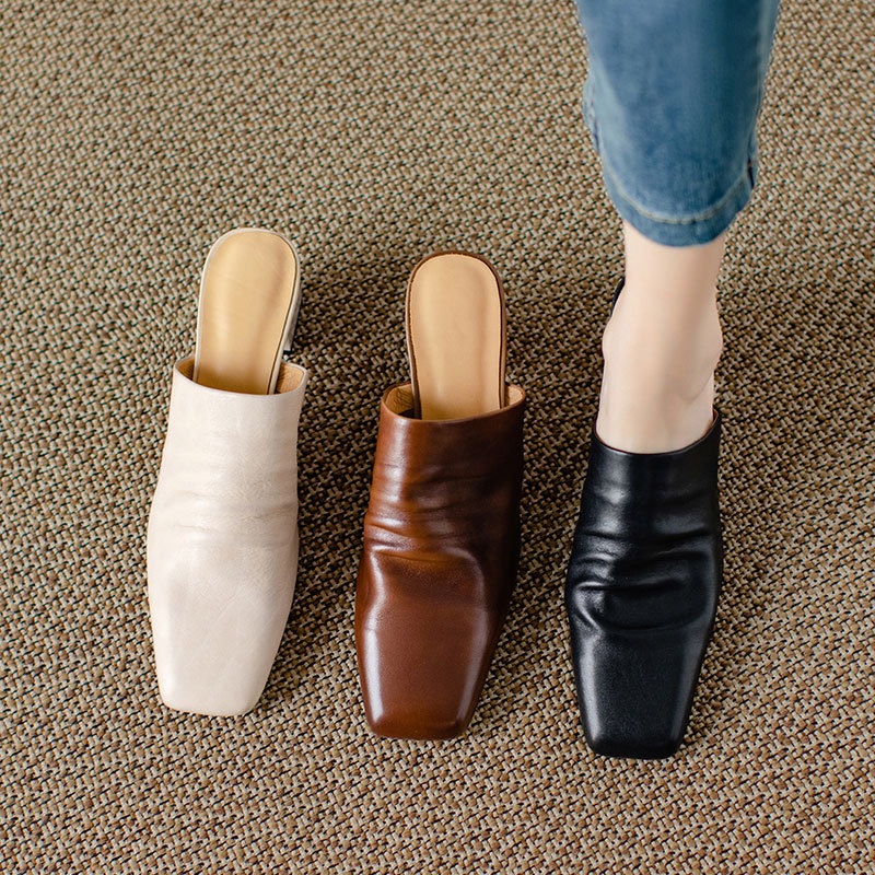 Giant Soft Genuine Leather High-Heeled Closed-Toe Mules for Women, Square Toe, Chunky Heel, Pleated Backless Mules, Sandals Giant Soft Genuine Leather High-Heeled Closed-Toe Mules for Women, Square Toe, Chunky Heel, Pleated Backless Mules, Sandals