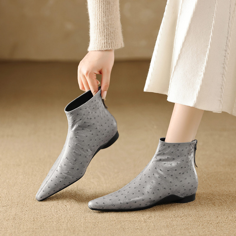 First-Layer Cowhide Ostrich-Pattern Pointed-Toe Short Boots for Women, Spring Flat-Soled Hidden Heel Ankle Boots, Niche Gray Genuine Leather Ankle Boots First-Layer Cowhide Ostrich-Pattern Pointed-Toe Short Boots for Women, Spring Flat-Soled Hidden Heel Ankle Boots, Niche Gray Genuine Leather Ankle Boots
