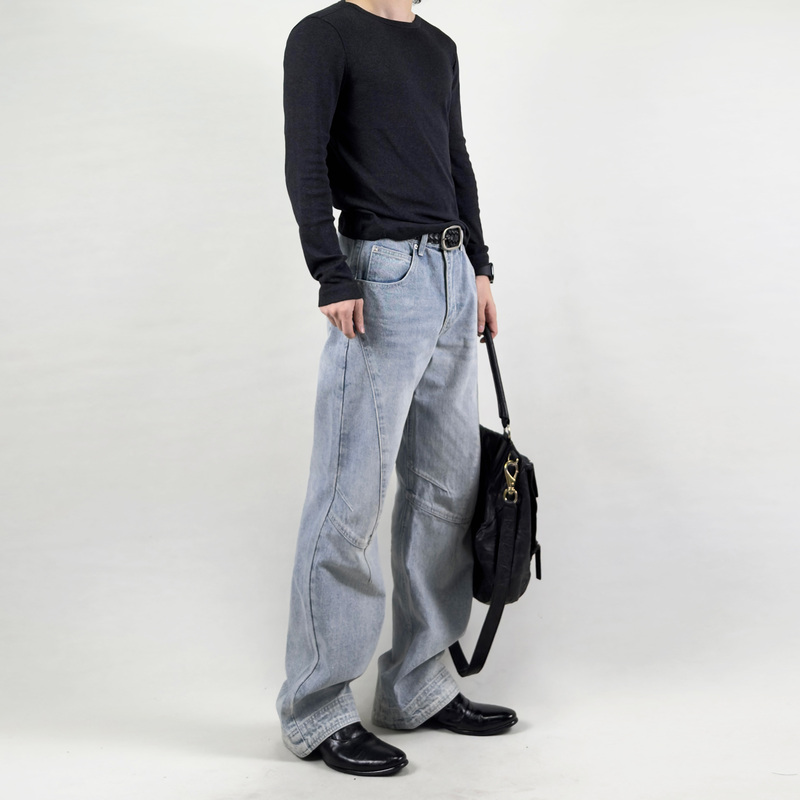 Illeism* Light Blue Three-Dimensional Segmented Jeans* Vintage Washed Loose Straight-Leg Denim Casual Pants