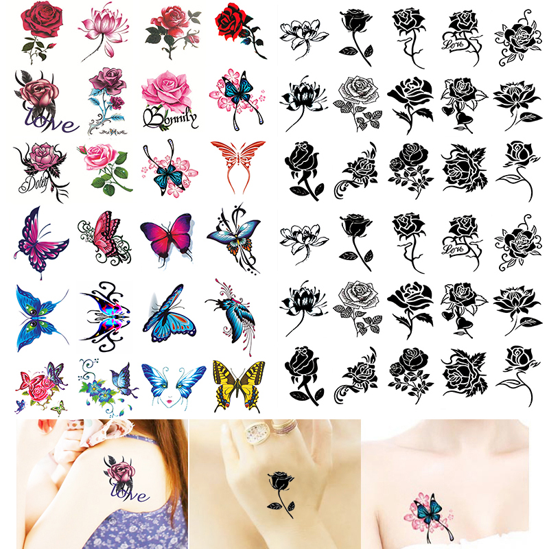 Colorful butterfly tattooed with female waterproof persistent feeling chest front arm waist tattooed with black rose tattoo sticker