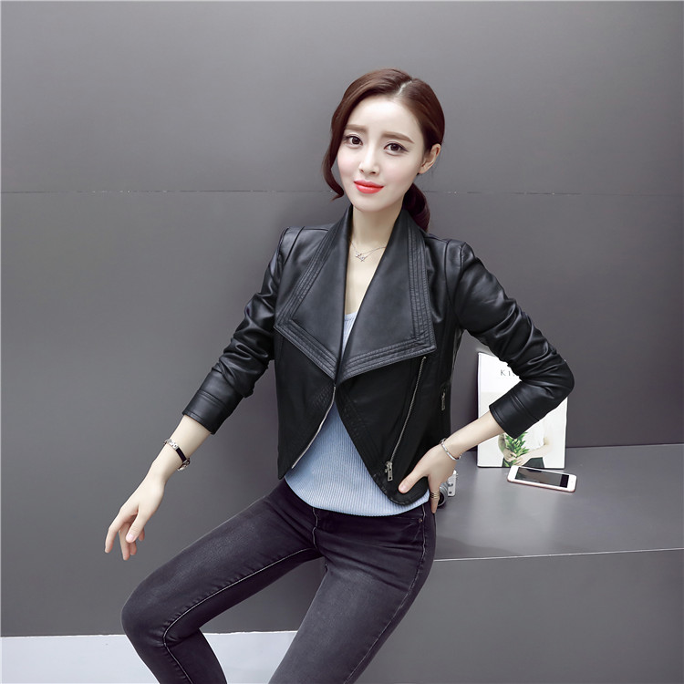 Mùa xuân và mùa thu Mới Hàn Quốc Quần áo xe máy màu đen Áo khoác nữ bằng da ngắn Áo khoác mỏng áo bomber da