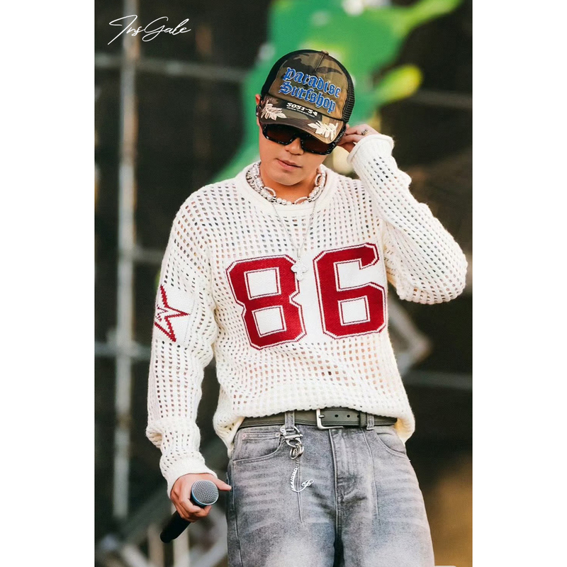 [Original Authentic] Insgale Soft Wool Hollow-Out Short Football Jersey Number Sweater Knitwear