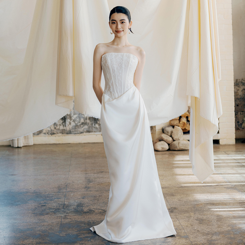 French Satin Lace Light Wedding Dress, Forest-Style Elegant Strapless Bridal Gown, High-End Fishtail Reception Engagement Dress