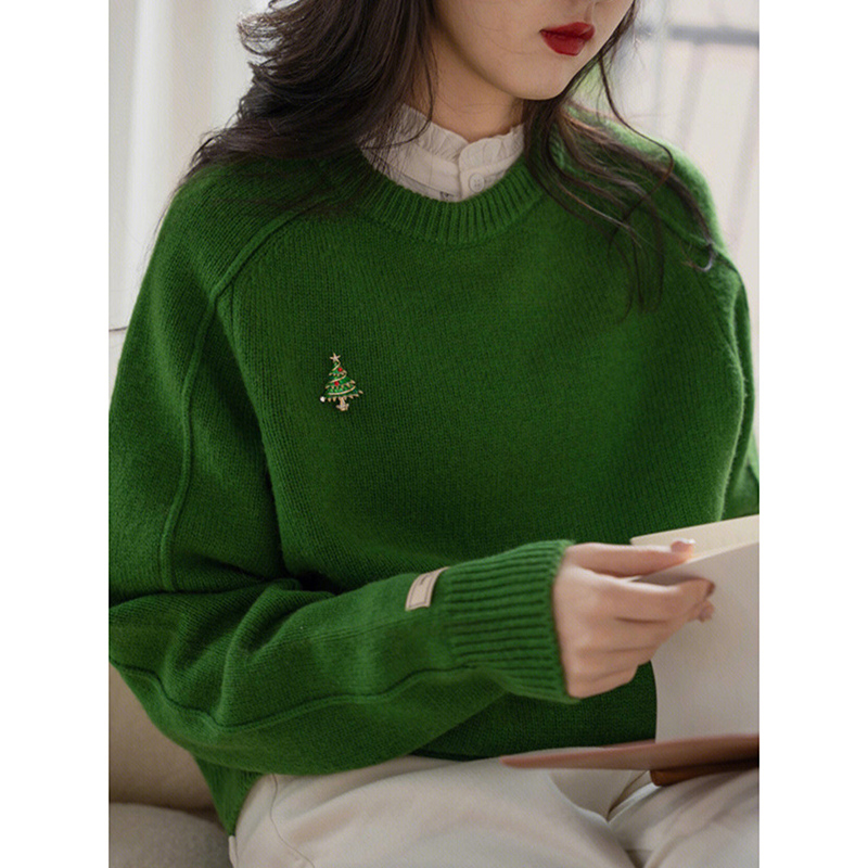 Christmas Green Sweater for Women, Autumn and Winter, Petite, Lazy Style, Super Nice Knitwear, Preppy Style, Round Neck Top, Long Sleeves