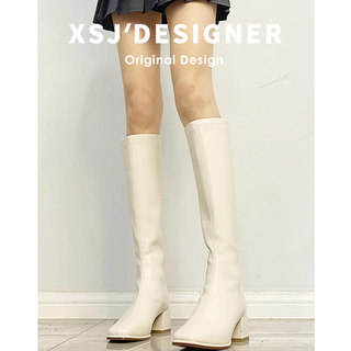 Autumn and Winter Genuine Leather Chunky Heel Long Boots for Women, Slimming High Boots, Over-The-Knee Elastic Soft Leather Slim Boots, Riding Boots