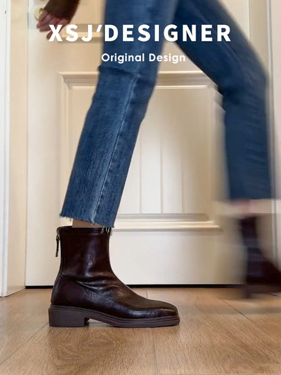 Genuine Leather Flat Short Boots for Women, Square Toe, Elastic Slim Boots, Chunky Heel, British Style, Thick-Soled Martin Boots, Slimming Ankle Boots