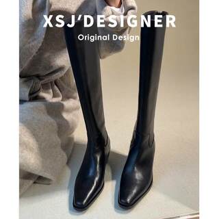 Cowhide Version ~ Genuine Leather Chunky Heel Long Boots for Women, Vintage British Style Pointed Toe Slimming High Boots, Slim Boots, Riding Boots