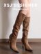Autumn and Winter Melard Slouch Boots for Women, Vintage Pleated Slimming Western Boots, Suede Pointed Toe Stiletto High-Heeled Knee-High Riding Boots
