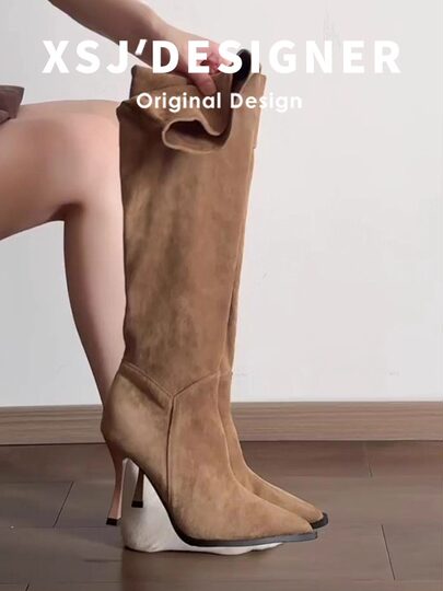 Autumn and Winter Melard Slouch Boots for Women, Vintage Pleated Slimming Western Boots, Suede Pointed Toe Stiletto High-Heeled Knee-High Riding Boots
