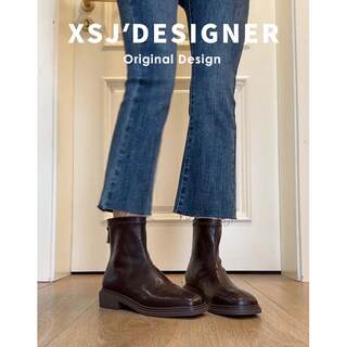 Genuine Leather Flat Short Boots for Women, Square Toe, Elastic Slim Boots, Chunky Heel, British Style, Thick-Soled Martin Boots, Slimming Ankle Boots